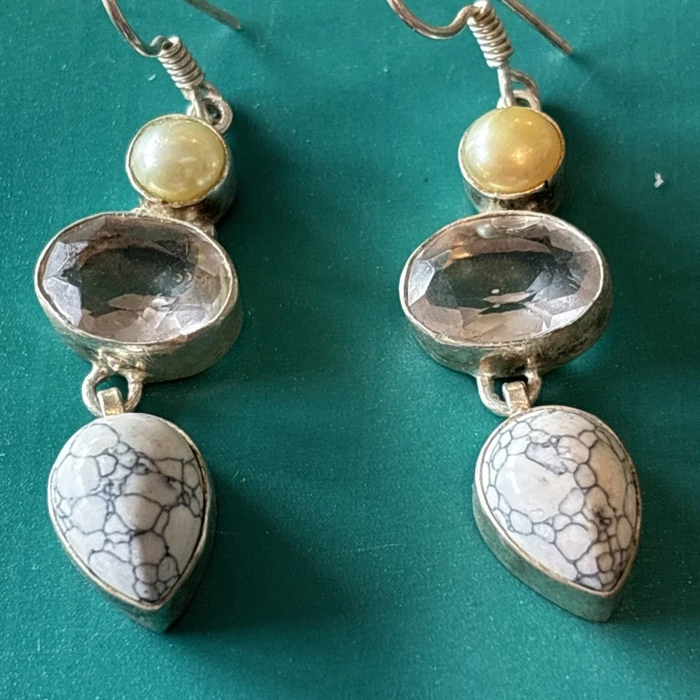 Dangle Earrings With Fresh Water Pearls, Faceted Crystal ,Teardrop Jasper